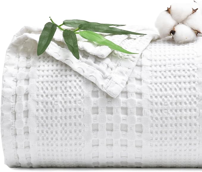 PHF Cooling Waffle Blanket Queen Size, Lightweight 60% Rayon Derived from Bamboo & 40% Cotton Breathable Blanket for Hot Sleepers, Soft and Luxury for Bed Couch and Sofa, 90