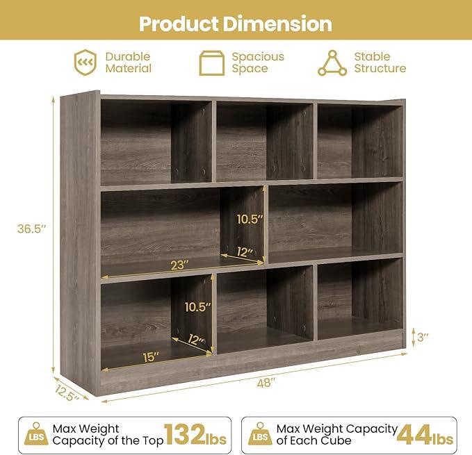 Tangkula 8-Cube Bookcase, Wood 3 Tier Open Storage Bookshelf, Modern Multipurpose Display Cabinet for Living Room, Study, Reading Nook, 48 x 12.5 x 36.5 Inch, Grey