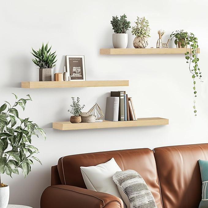 Floating Wall Shelves 3-Pack - 24-Inch Rustic Wooden Shelves for Storage and Décor, Easy Installation for Living Room, Bedroom, and Kitchen