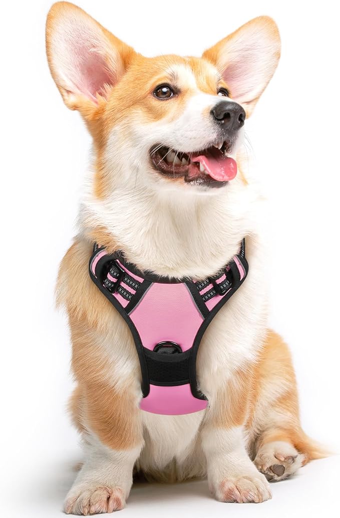 Eagloo Dog Harness Medium Sized Dog, No Pull Service Vest with Reflective Strips and Control Handle, Adjustable and Comfortable for Walking, No Choke Pet Harness with 2 Metal Rings, Pink, M