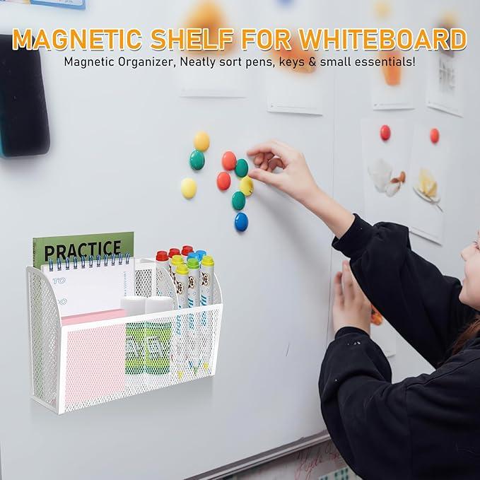 Magnetic Pencil Holder Magnetic Shelf for the Whiteboard 3-Grid Mesh Magnetic Pen Holder for Refrigerator Magnetic Organizer Locker Accessories Organizer for Office (White)