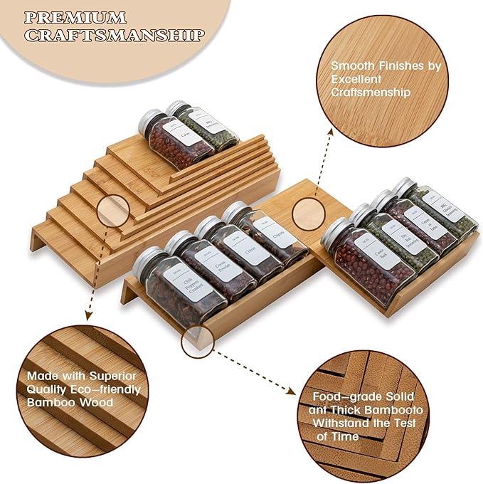 Bamboo Spice Rack Drawer Organizer - 8 Pieces Set- 10