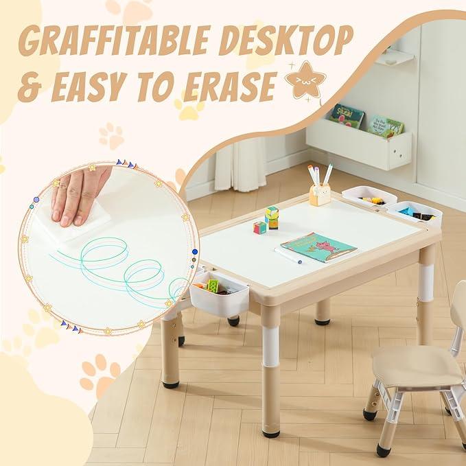Multi Functional Kids Table and 2 Chairs Set, Graffiti & Building Blocks Double-Sided Tabletop, Toddler Play Table with Drawers, Large Storage Space, Gift for Boys/Girls, Burlywood