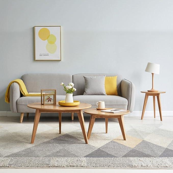 100% Solid Oak Wood Coffee Table Set, Round Coffee Table Combo Side Table w/Solid Wood Legs, Mid Century Table Sturdy Tables for Bedroom Balcony Living Room (Natural, 3 Pieces)