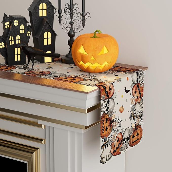 XCHI Spooky Skeleton Ghost Pumpkin Halloween Table Runner Party Table Decoration for Home Kitchen Dining Holiday Decor 13x48 Inch