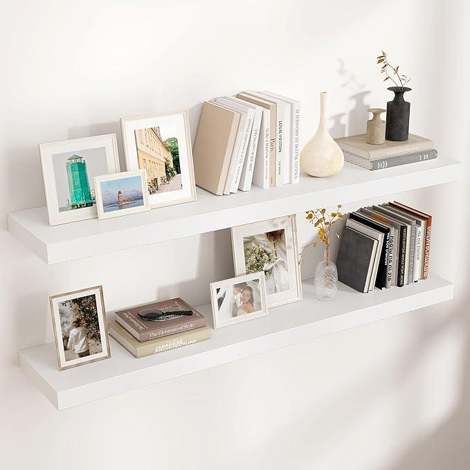 Floating Shelves for Wall, 2 Large Wall Mounted Shelves with Invisible Brackets, Long Wood Floating Wall Shelf Shelves for Living Room, Bedroom, Kitchen, (White, 48