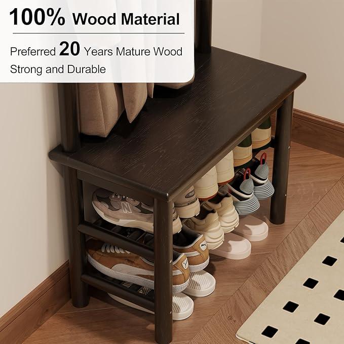 Coat Rack with Shoe Storage, Narrow Wooden Hall Tree with Bench, 11 Hooks and 2-Tier Storage Shelves, 3-in-1, Entryway Bench with Coat Rack (23.6