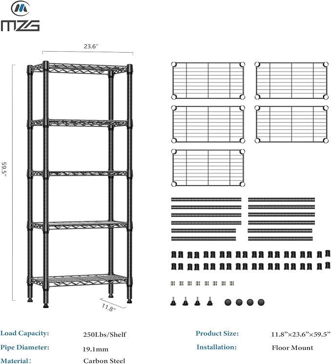 1250 lbs 5 Tier Shelf Metal Storage Shelves Wire Rack Closet Organizers for Garage Kitchen Bathroom Laundry Black 11.8