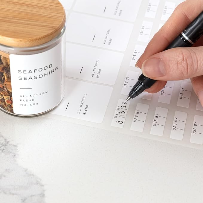 Empty Spice Jars with Label Pack (12x Bamboo Lid Glass Jar). Small 6oz Spice Storage Bottles with 112 Printed Stickers and 48 Writable Pantry Labels for Seasoning Containers