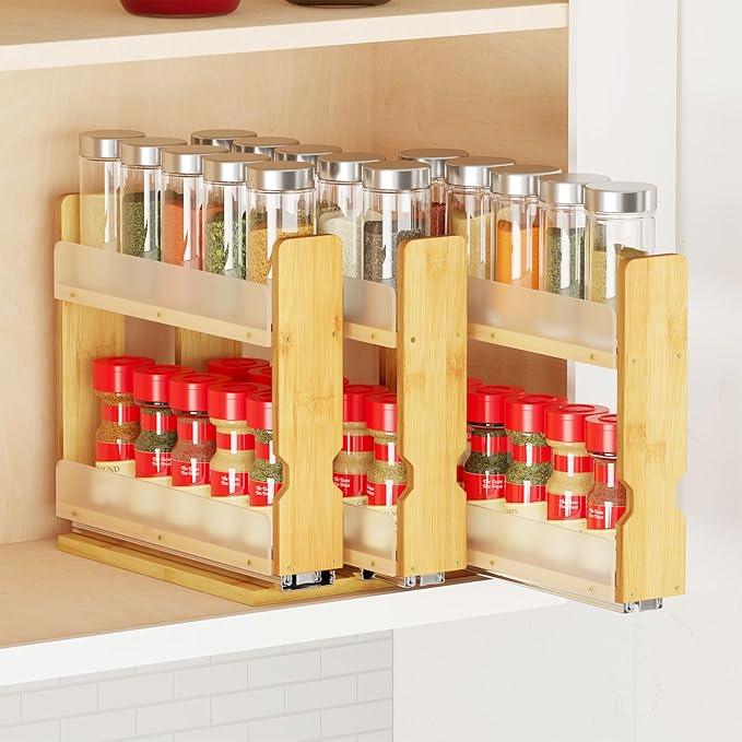 SpaceAid Bamboo Pull Out Spice Rack Organizer for Cabinet, Heavy Duty Slide Out Seasoning Kitchen Pantry Sliding Vertical Organization, 7.6
