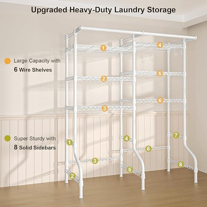 Ulif U13 Over Washer and Dryer Storage Shelves, 6 Tiers Laundry Room Standing Shelf with 2 Hanger Rods, Space Saver Clothes Drying Rack, 63.4