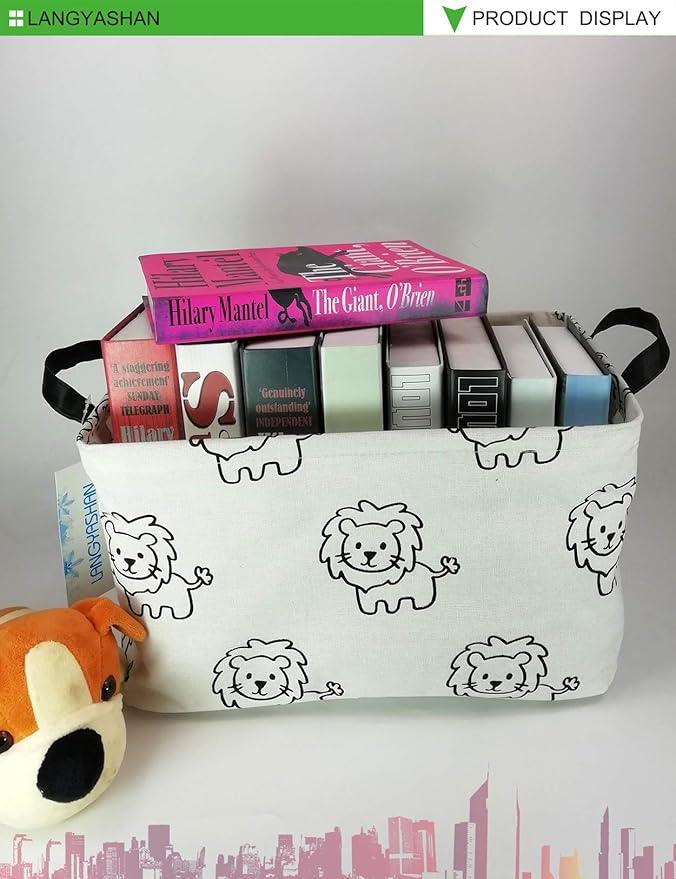 LANGYASHAN Rectangular Storage Bin Collapse Canvas Fabric Cartoon Storage Basket with Handles for Organizing Home Kitchen Boys and Girls Toys Office Closet Shelf Baskets (Rec lion)