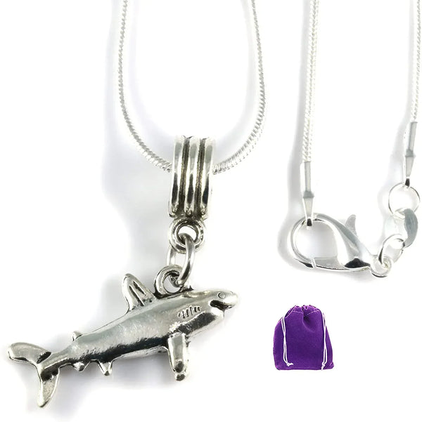 Shark Necklace | Great Shark Gifts for Shark Lovers on a Silver Plated Snake Chain Necklace with a nice Shark Charm of a Great White Shark this is Cool Shark Stuff and awesome Shark Necklaces - Gifts for You 'n Me