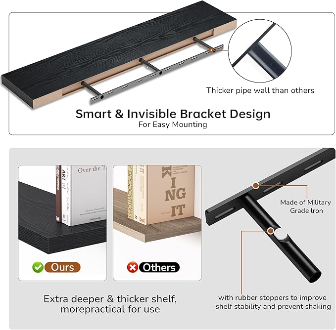 Floating Shelves - 10.3 Inch Deep Wall Shelf for Decor & Storage - Wall Mounted Display Shelving with Invisible Heavy-Duty Metal Bracket - 48