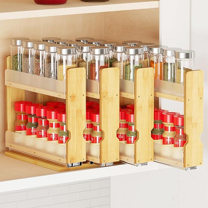 SpaceAid Bamboo Pull Out Spice Rack Organizer for Cabinet, Heavy Duty Slide Out Seasoning Kitchen Pantry Sliding Vertical Organization, 10.1