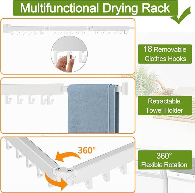 Foldable Clothes Drying Rack, 2 Fold Laundry Drying Rack Wall Mount, [No Drilling] Folding & Durable Space Saver for Laundry, Balcony, Bathroom, Patio, Dormitory, Apartment-White