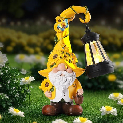 Solar Garden Decor - Sunflower Gnome Statue with Lantern 9.1