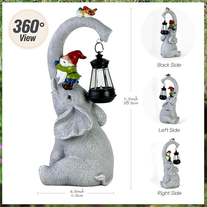 Elephant Statues Garden Decor - Lucky Elephant Outdoor Statues with Solar Powered Lantern, Elephant Statue Gifts for Women,Resin Yard Art for Outdoor & Home Decor(11