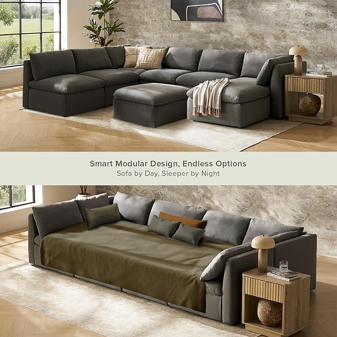 mopio Oversized Modular Sectional Sofa with Fully Removable Covers and Storage, Convertible U, L-Shaped and Sleeper Sectional, Modern Couches with Ottoman Chaise (Stone Gray Fabric, 9 Seats, Sleeper)