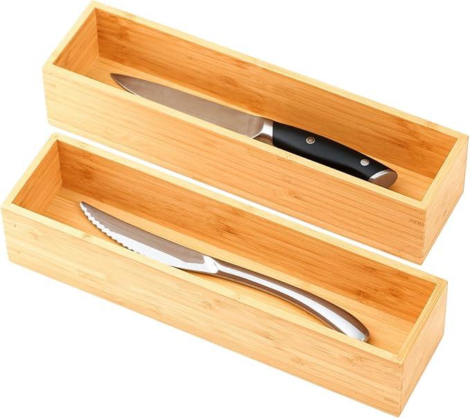 Umilife Bamboo Kitchen Drawer Organizer, Extra High Silverware Tray, Flatware Cutlery Storage Box, Multi-Use Holder in Office, Bathroom, Pantry - 12