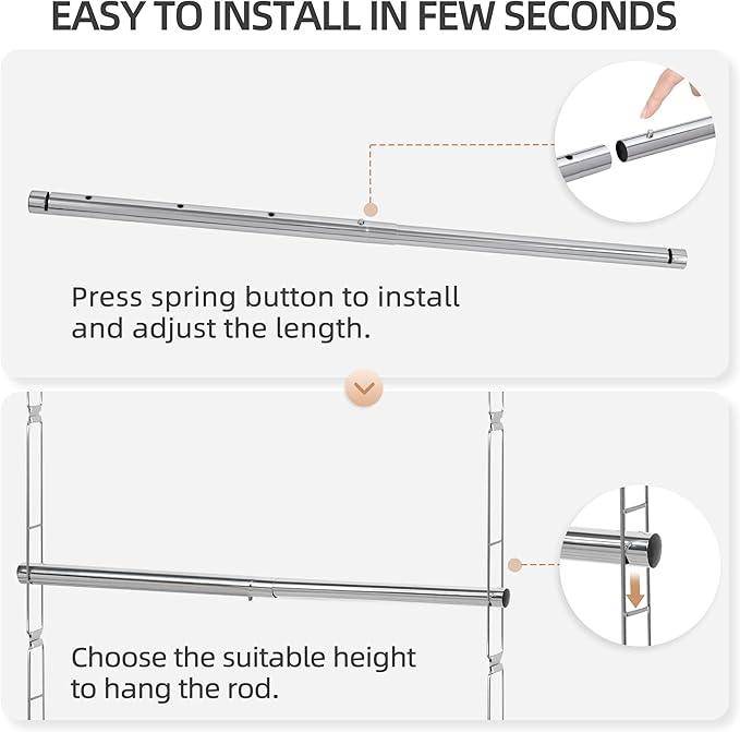 STORAGE MANIAC Hanging Closet Rod, Adjustable Width and Height Closet Hanging Organizer, Space-Saving Clothes Hanging Bar, Closet Extender Hanging Rod Double Closet Hanging Rod, 1 Pack Chrome