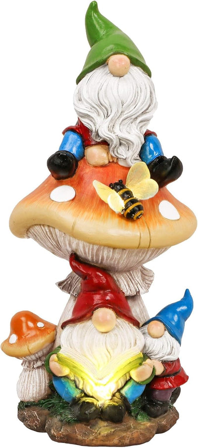 TERESA'S COLLECTIONS Garden Gnomes Statues Decorations for Yard with Solar Lights, Resin Sculptures& Statues on Mushroom Reading Garden Outdoor for Patio Lawn Ornaments,Ideal Gifts for Mom, 12.6