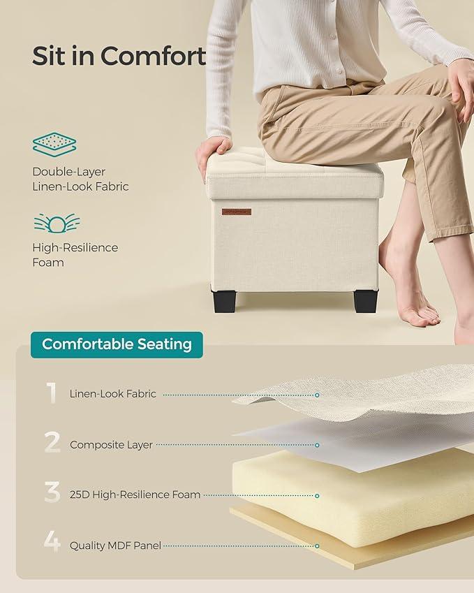 SONGMICS Storage Ottoman, Small Ottoman Foot Rest with Legs, 12.6 x 15.8 x 13.2 Inches Foot Stool, Load up to 660 lb, for Living Room, Bedroom, Dorm, Cream White ULSF012W01