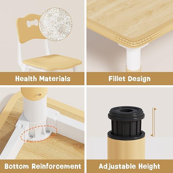Brelley Kids Table and 6 Chairs Set, Height Adjustable Toddler Desk and Chair Set, Graffiti Desktop, Classroom/Daycare/Home, Children Multi-Activity Table for Ages 2-8