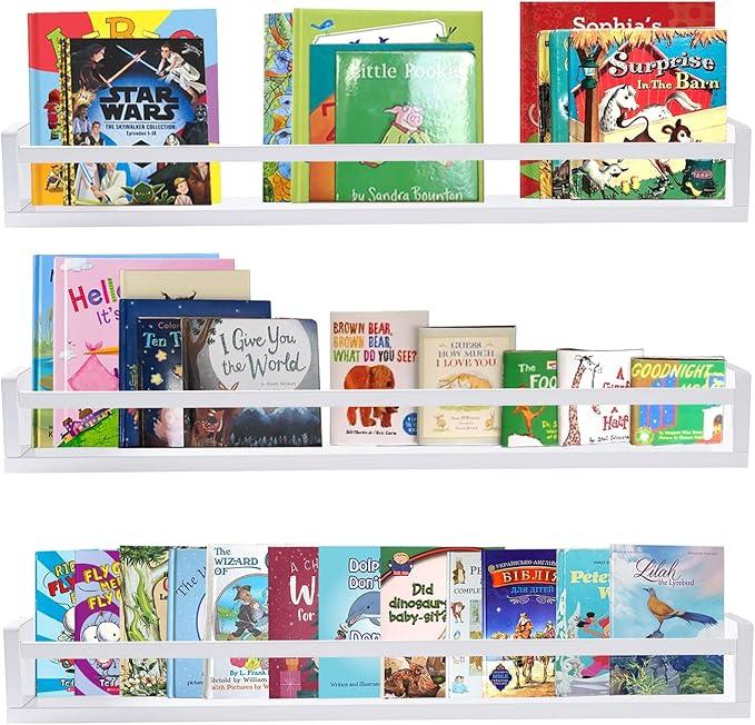 AZSKY Classic Nursery Book Shelves White Wall Book Shelves Kids Bookshelf for Bedroom Bathroom Décor Wall Ledge Shelves 36 in Hanging Shelves a Set of 3