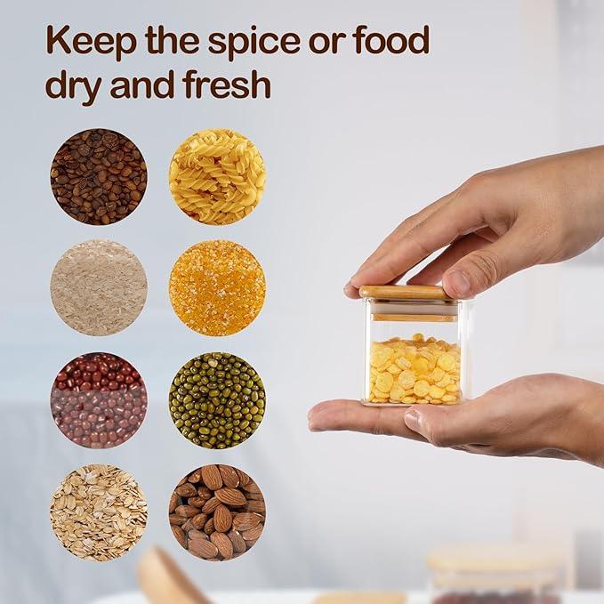 5oz Airtight Square Spice Containers with Bamboo Lid Set of 12 with Black Lables Storage Stackable Spice Jar, Kitchen Canister for Sugar, Tea, Flour, Salt and Seasonings (‎Clear Glass)