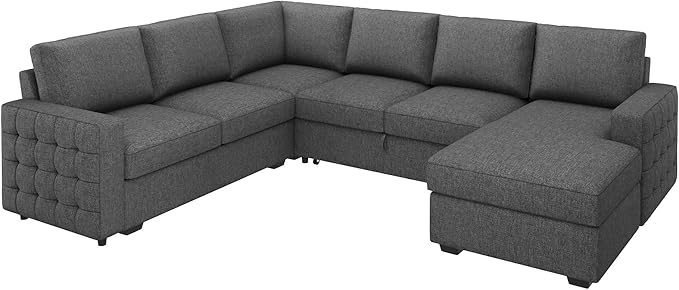 HONBAY Sectional Sleeper Sofa with Pull Out Bed U-Shape Sectional Couch Sleeper Bed with Storage Chaise 6 Seater, Light Grey