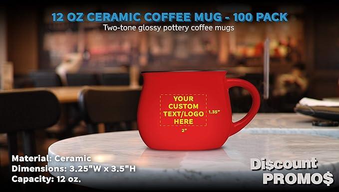 Custom Glazed Campfire Coffee Mugs 12 oz. Set of 100, Personalized Bulk Pack - Perfect for Coffee, Tea, Espresso, Hot Cocoa, Other Beverages - Red