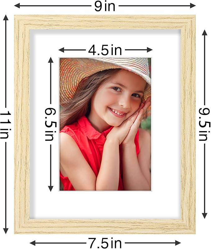 Vittanly 8x10 Picture Frames Set of 9, Shatter Resistant Plexiglass, Display 5x7 Pictures with Mat or 8x10 without Mat, Photo Frames for Wall or Tabletop, Engineered Wood, OAK