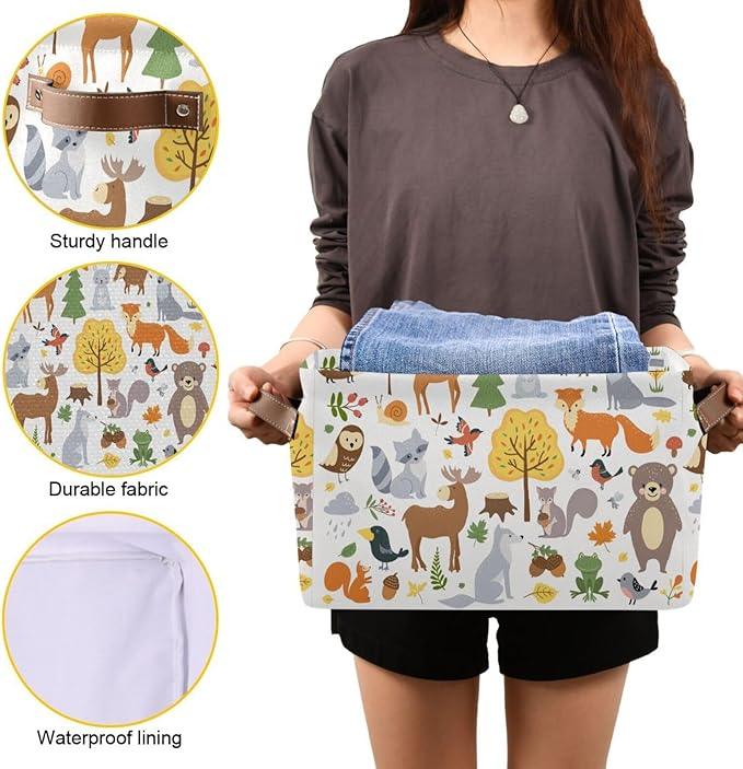 Storage Basket Bin Cute Woodland Animals Organizer Collapsible Shelf Basket Cube with Handle for Nursery Bedroom Bathroom