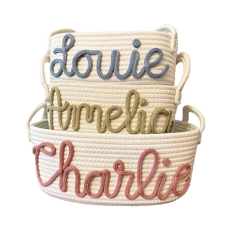 Personalized Baby Name Basket, Custom Woven Baby Shower Gift Basket with Cotton Rope Handle Baby Diaper Nursery Shelf Storage Basket Bin for Kids' Bedroom (Style 1)