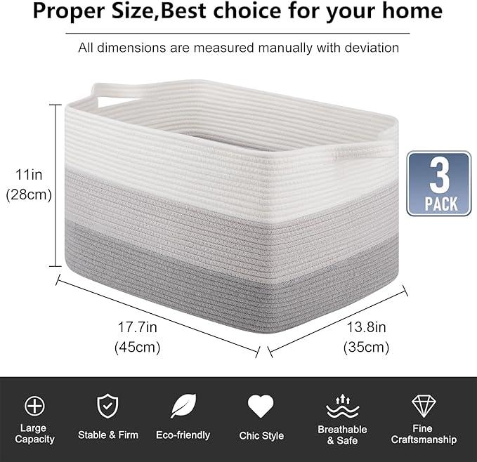 OIAHOMY Rectangle Woven Storage Basket - Nursery Cotton Rope Baskets for Storage, Toy Basket Organizing for Living Room, 17.7