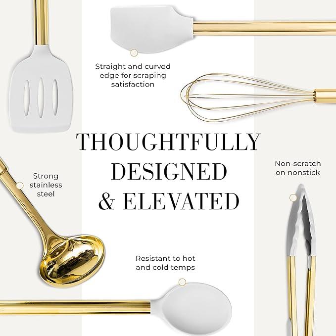 White Silicone and Gold Cooking Utensils Set with Gold Utensil Holder - 7-Piece Silicone Cooking Tools - Ideal for Nonstick Cookware and Stylish Modern Kitchens - Luxury Kitchen Accessories