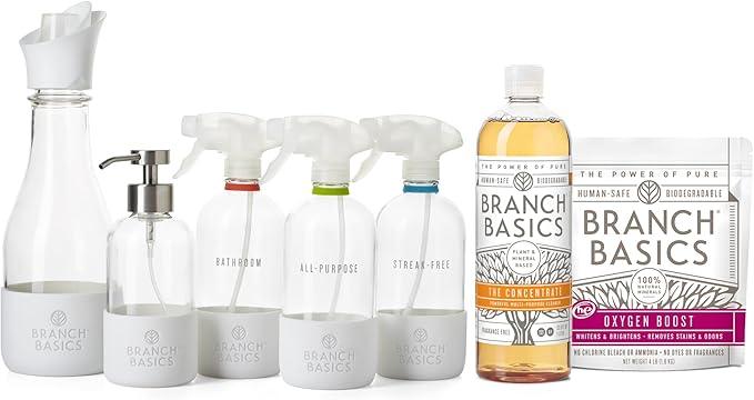 Branch Basics Premium Starter Kit in Glass: All Purpose Cleaner, Glass Cleaner, Bathroom Cleaner, Wash Bottle, and Laundry Bottle (3 Glass Spray Bottles + Concentrate) Fragrance-Free