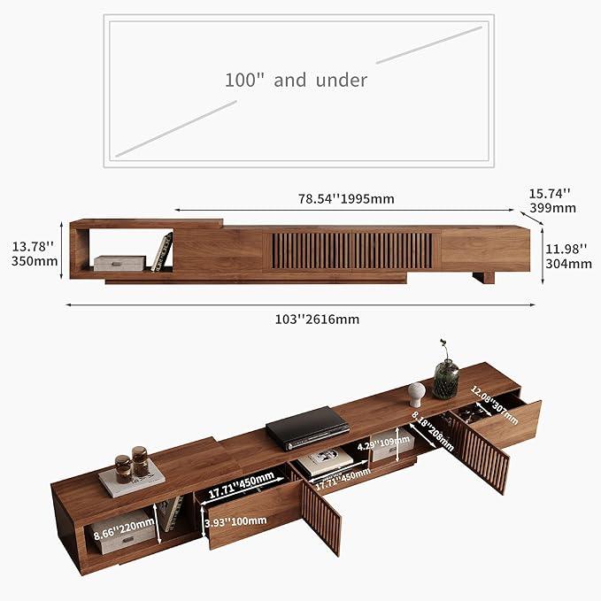 Mid Century Modern TV Stand for 75+ Inch TVs, Extendable Media Console (78