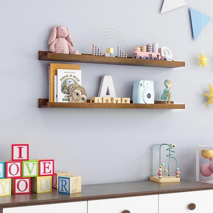 Picture Ledge Wall Shelves 36 inch Width Set of 2, Solid Pine Wood Rustic Floating Ledge Shelves for Wall for Kids' Room Bedroom Kitchen Bathroom Living Room Nursery Display Wall Decor, Walnut