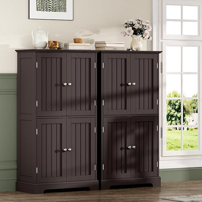 ChooChoo Bathroom Floor Cabinet, Modern Bathroom Storage Cabinet with 4 Doors and Adjustable Shelves, Freestanding Cupboard for Living Room, Espresso