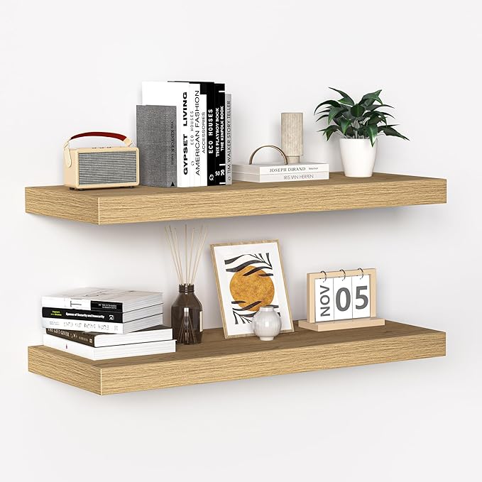 Fun Memories Floating Shelves - 24 Inch Rustic Wooden Wall Shelves - Extra Deeper & Thicker Wall Mounted Storage Shelf for Living Room, Kitchen, Farmhouse - 24