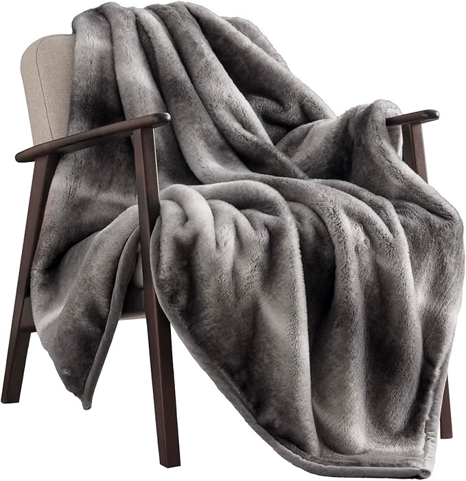 Ultra Soft Luxury Fluffy Mink Faux Fur Throw Blanket, Thick Warm Fall Winter Blankets for Bed, Couch, Cozy Plush Reversible Blanket for Chair, Sofa (Ombré Silver Onyx, 60