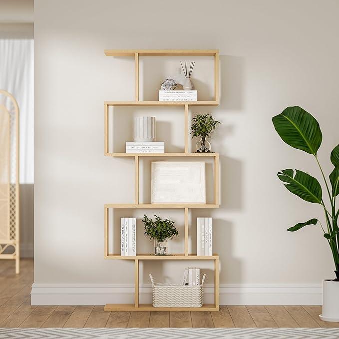 Oak 5-Tier Geometric Bookcase, S-Shaped Modern Bookshelf Set of 2, 62.6