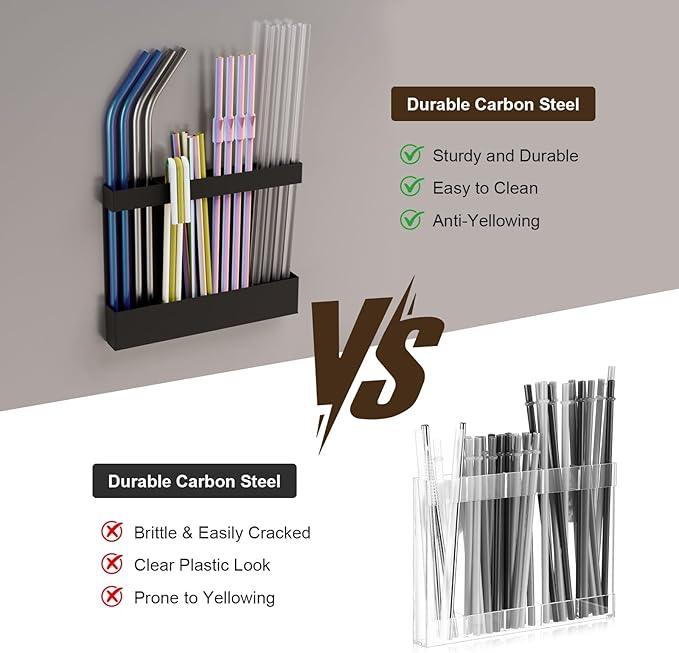 Magnetic & Adhesive Straw Organizer – Carbon Steel Utensil Holder for Reusable Straws, Chopsticks & Stirrers – Wall or Fridge Mount, Space-Saving Black Storage Rack