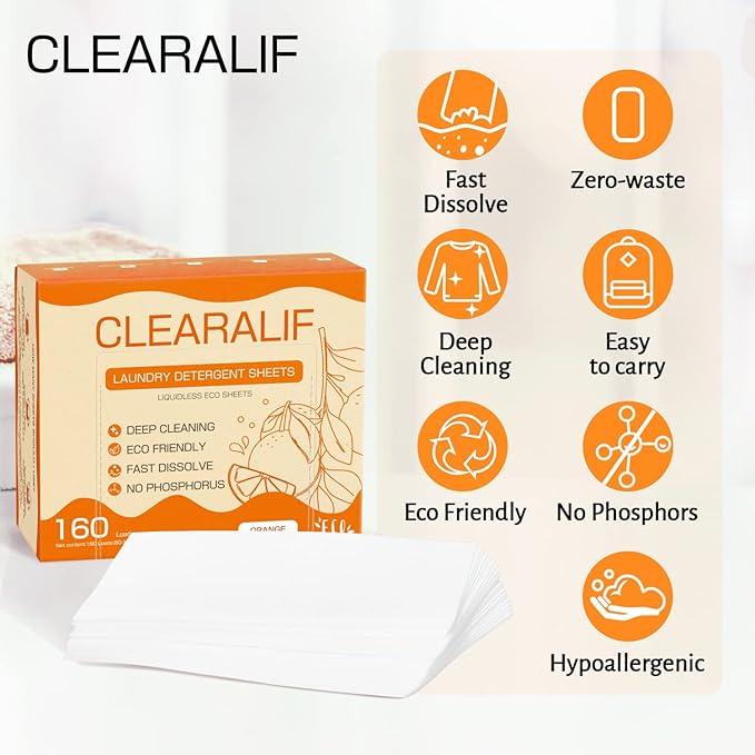 CLEARALIF Laundry Detergent Sheets (320 Loads), Orange,Great For Travel,Apartments, Dorms,CLEARALIF Laundry Detergent Strips Eco Friendly & Hypoallergenic (80 Count, Pack of 2)