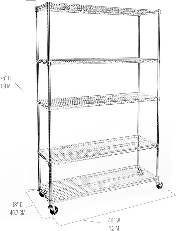Seville Classics UltraDurable Heavy Duty NSF Solid Steel Wire Rack Storage Unit Organizer for Garage, Warehouse, Office, Restaurant, Classroom, Kitchen, 5-Tier Shelving, 48