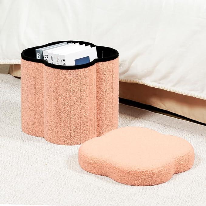 B FSOBEIIALEO Storage Ottoman Cube, Flowers Shaped Ottomans with Storage Foot Stool Footrest for Lving Room, Boucle Ottoman Seat for Dorm Room,Faux Teddy Fur, Orange 12.6