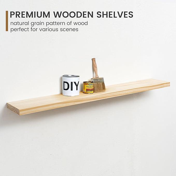 Fun Memories 48 Inch Floating Shelves for Wall, Deep Rustic Solid Pine Wood Floating Shelf - Farmhouse Wall Mounted Display Shelf with Heavy-Duty Metal Bracket, 48