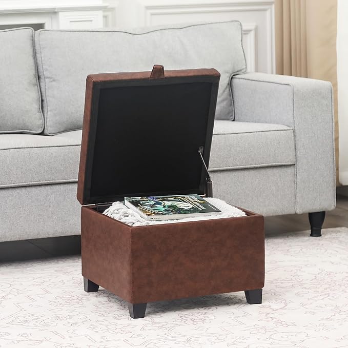 Adeco Faux Leather Storage Ottoman Bench with Wood Legs, 17.7